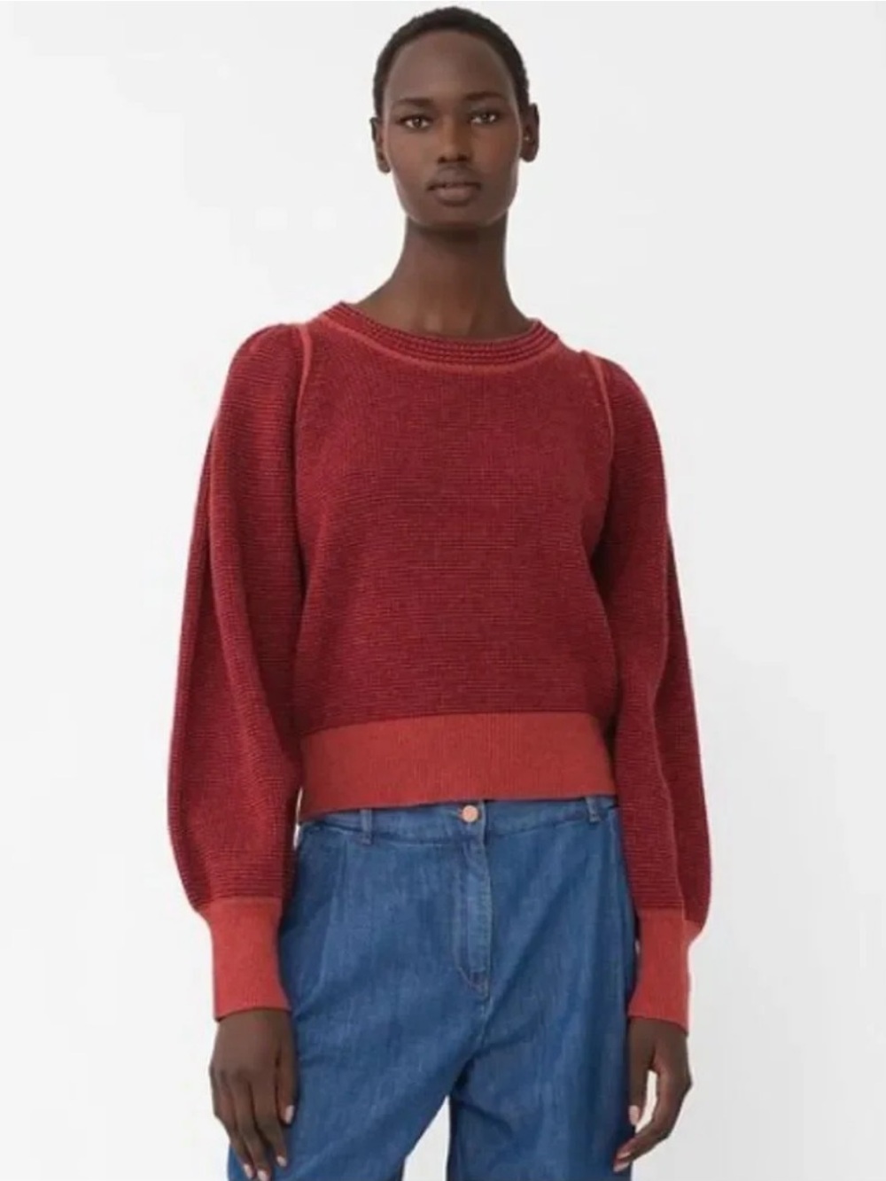 SEE BY CHLOE Striped Puff Sleeve Sweater in Brick Red